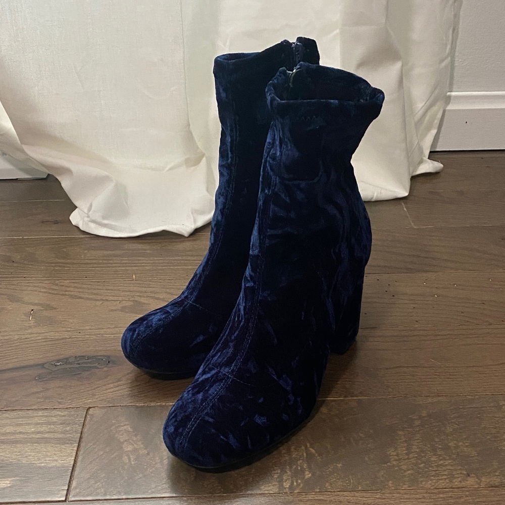 MIA Velvet Chunky Heeled Sock Boots - Deep Blue